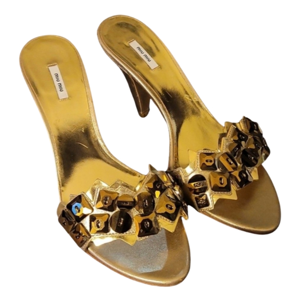MIU MIU | Gold Metallic Embellished Mule Heels EU 36.5 / US 6.5 - Picture 3 of 8
